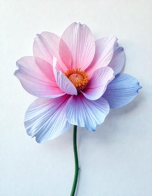 The primary subject of the image is a single pink and blue flower, which is the main focus of the image. The setting is a white wall, and the visual style appears to be a combination of photo and digital art. The dominant colors in the image are pink and blue, creating a calm and serene atmosphere.